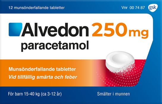 Alvedon, 250 mg Paracetamol, munsönderfallande tablett, 12 st