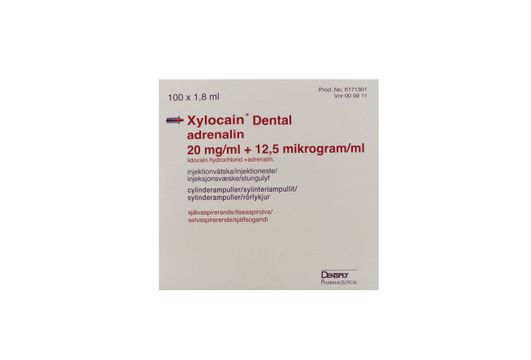 Xylocain Dental Adrenalin Injektionsvätska, lösning 20 mg/ml + 12,5 mikrogram/ml Lidokain + adrenalin 100 x 1,8 milliliter