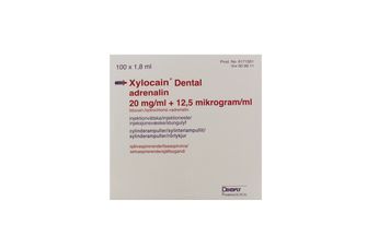 Xylocain Dental Adrenalin 20 mg/ml + 12,5 mikrogram/ml Lidokain, kombinationer, Injektionsvätska, lösning, 100 x 1.8 milliliter