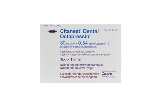 Citanest Dental Octapressin Injektionsvätska, lösning 30 mg/ml + 0,54 mikrogram/ml 100 x 1,8 milliliter