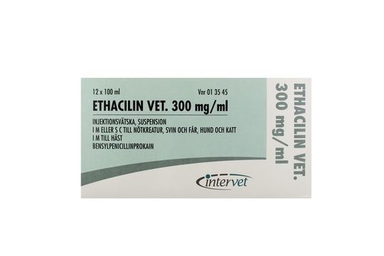Ethacilin vet. Injektionsvätska, suspension 300 mg/ml 12 x 100 milliliter