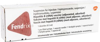 Fendrix 20 mikrogram/0,5 ml Vaccin mot hepatit B, renat antigen, Injektionsvätska, suspension, 0.5 milliliter