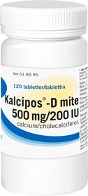 Kalcipos-D mite 500 mg/200 IE Kalcium, kombinationer med vitamin D och/eller övriga läkemedel, Filmdragerad tablett, 120 styck