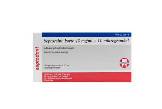Septocaine forte Injektionsvätska, lösning 40 mg/ml + 10 mikrogram/ml 50 x 1,7 milliliter