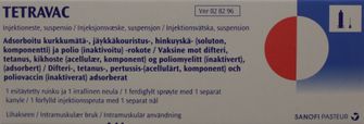 Tetravac Vaccin mot difteri, kikhosta, polio och stelkramp, Injektionsvätska, suspension, förfylld spruta, 1 dos(er)