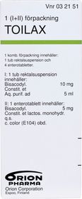 Toilax 5 mg + 10 mg/5 ml Bisakodyl, Enterotablett + rektalsuspension, 1 styck
