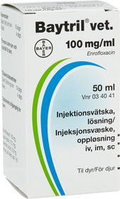 Baytril vet. 100 mg/ml Enrofloxacin, Injektionsvätska, lösning, 50 milliliter