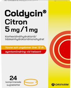 Coldycin Citron 5 mg/1 mg Klorhexidin, Komprimerad sugtablett, 1 x 24 styck