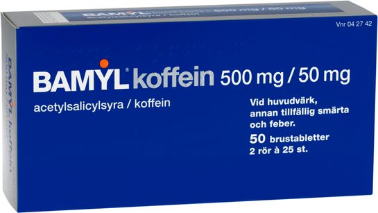 Bamyl koffein 500 mg/50 mg Acetylsalicylsyra/Koffein, brustablett, 2 x 25 st