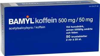 Bamyl koffein 500 mg/50 mg Acetylsalicylsyra, kombinationer exkl. neuroleptika, Brustablett, 2 x 25 styck