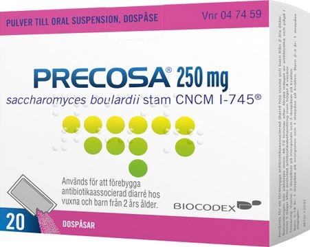Precosa 250 mg Saccharomyces boulardii, pulver dospåsar, 20 st