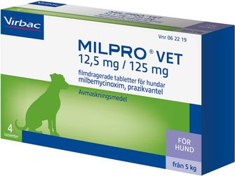 Milpro vet 12,5 mg/125 mg Milbemycinoxim, kombinationer, Filmdragerad tablett, 4 tablett(er)