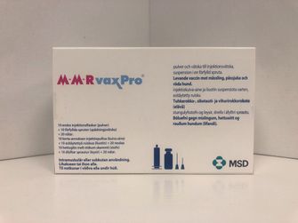 M-M-RVAXPRO Vaccin mot mässling, påssjuka och röda hund, levande försvagat, Pulver och vätska till injektionsvätska, suspension i förfylld spruta, 10 x 1 dos(er)