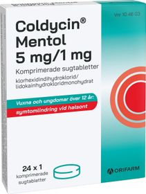 Coldycin Mentol 5 mg/1 mg Klorhexidin, Komprimerad sugtablett, 24 styck