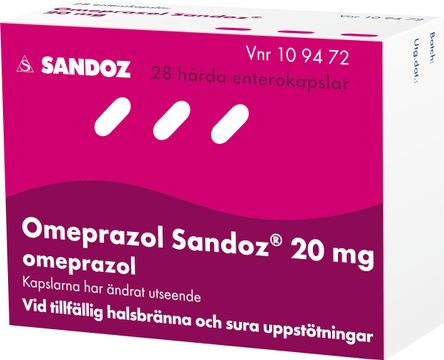 Omeprazol Sandoz 20 mg Omeprazol, enterokapsel, hård, 28 st