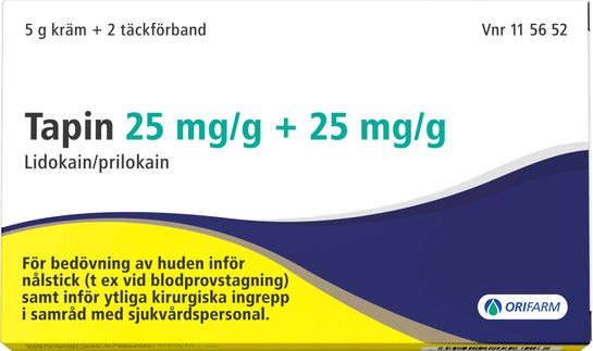 Tapin 25 mg/g Lidokain, kräm 5 g + 2 st täckförband