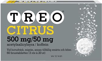 Treo citrus 500 mg/50 mg Acetylsalicylsyra, kombinationer exkl. neuroleptika, Brustablett, 3 x 20 styck