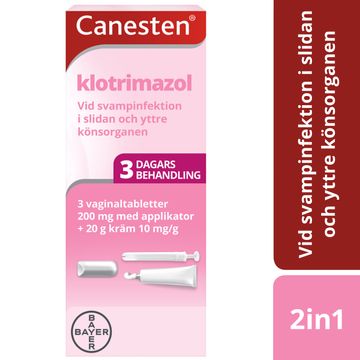 Canesten Kombi 3 st mot underlivssvamp Klotrimazol, 3 st vaginaltabletter 200 mg + 20 g kräm 10 mg/g