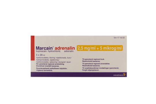Marcain adrenalin Injektionsvätska, lösning 2,5 mg/ml + 5 mikrogram/ml 5 x 20 milliliter
