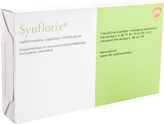 Synflorix Vaccin mot pneumokockinfektioner, renade polysackaridantigener och Haemophilus influenzae, konjugerat, Injektionsvätska, suspension, förfylld spruta, 10 x 0,5 milliliter