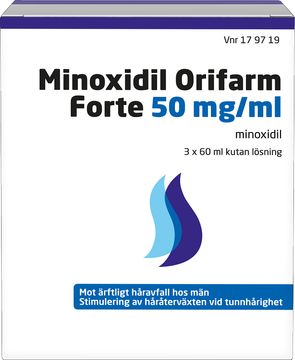 Minoxidil Orifarm Forte 50 mg/ml Minoxidil, kutan lösning, 3 x 60 ml