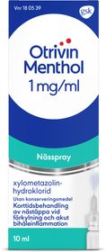 Otrivin Menthol (utan konserveringsmedel) 1 mg/ml Xylometazolin, Nässpray, lösning, 10 milliliter