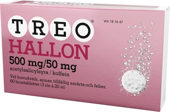 Treo Hallon Brustablett 500 mg/50 mg Acetylsalicylsyra/Koffein, brustablett, 3 x 20 st