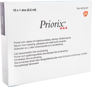 Priorix Vaccin mot mässling, påssjuka och röda hund, levande försvagat, Pulver och vätska till injektionsvätska, lösning, 10 x 0,5 milliliter