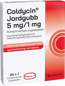 Coldycin Jordgubb 5 mg/1 mg Klorhexidin, Komprimerad sugtablett, 24 styck