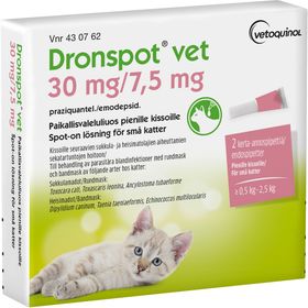 Dronspot vet 30 mg/ 7,5 mg Prazikvantel, kombinationer, Spot-on, lösning, 2 dos(er)