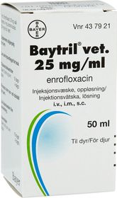 Baytril vet. 25 mg/ml Enrofloxacin, Injektionsvätska, lösning, 50 milliliter