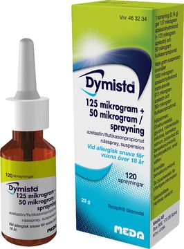 Dymista Nässpray, suspension 125 mikrogram + 50 mikrogram/sprayning Azelastin + flutikasonpropionat 120 dos(er)
