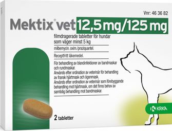 Mektix vet 12,5 mg/125 mg Milbemycinoxim, kombinationer, Filmdragerad tablett, 2 tablett(er)