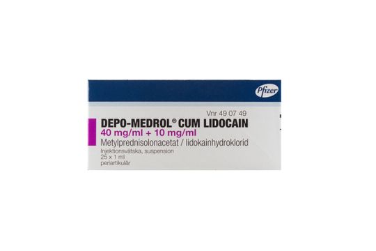Depo-Medrol cum lidocain Injektionsvätska, suspension 40 mg/ml+10 mg/ml Metylprednisolon + lidokain 25 x 1 milliliter