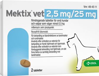 Mektix vet 2,5 mg/25 mg Milbemycinoxim, kombinationer, Filmdragerad tablett, 2 tablett(er)