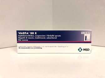 Vaqta 50 E Vaccin mot hepatit A, inaktiverat helvirusvaccin, Injektionsvätska, suspension, förfylld spruta, 1 milliliter