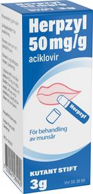 Herpzyl 50 mg/g Aciklovir, Kutant stift, 3 gram