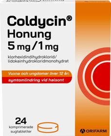 Coldycin Honung 5 mg/1 mg Klorhexidin, Komprimerad sugtablett, 1 x 24 styck