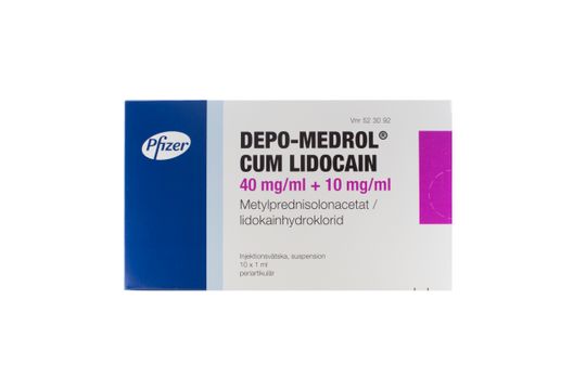 Depo-Medrol cum lidocain Injektionsvätska, suspension 40 mg/ml+10 mg/ml Metylprednisolon + lidokain 10 x 1 milliliter
