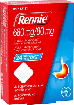 Rennie 680 mg/80 mg Kalciumkarbonat/Magnesiumkarbonat, tuggtablett, 24 st