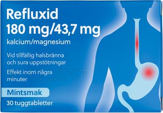 Refluxid 180 mg / 43,7 mg Aluminium-, kalcium- och magnesiumsalter, Tuggtablett, 30 tablett(er)