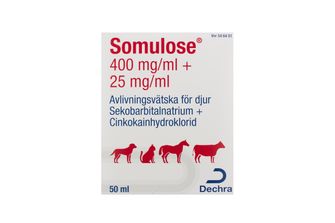 Somulose 400 mg/ml + 25 mg/ml Barbitursyraderivat i kombination med andra medel, Avlivningsvätska för djur, 50 milliliter