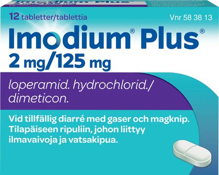 Imodium® Plus 2 mg/125 mg Loperamid/Simetikon, tablett, 12 st