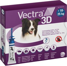 Vectra 3D för hund, 10-25 kg Permetrin, kombinationer, Spot-on, lösning, 3 x 3.6 milliliter