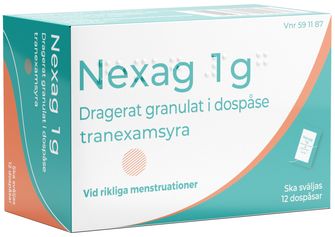 Nexag 1 g Tranexamsyra, Dragerat granulat i dospåse, 12 dos(er)