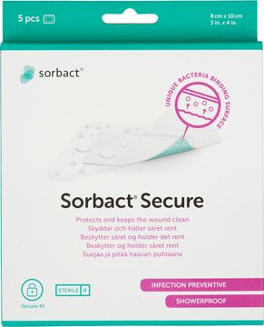 Sorbact Secure Bakteriebindande plåster. 8x10 cm. 5 st