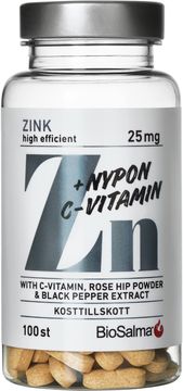BioSalma Zink 25mg + C-vitamin, Nypon Tablett, 100 st