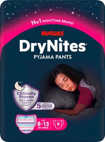 Huggies DryNites Pyjama Pants Girl 8-13 år Nattblöja, 9 st