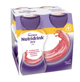 Nutridrink Jucy energirikt kosttillägg, klar, fettfri jordgubb, 4 x 200 milliliter