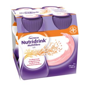 Nutridrink Multi Fibre energirikt, komplett kosttillägg med kostfiber jordgubb, 4 x 200 milliliter